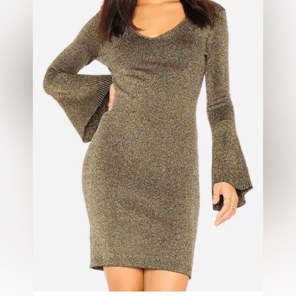OBCBGeneration XS metallic ribbed bell sleeved knit dress with shimmering gold.